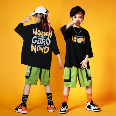 Girls kids boys green hiphop rapper singer street dance costumes loose short-sleeved gogo dancers football jazz dance outfits model show clothes for children