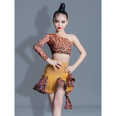 Girls kids brown leopard fringe latin dance dresses children ballroom salsa rumba latin chacha performance skirts for girls