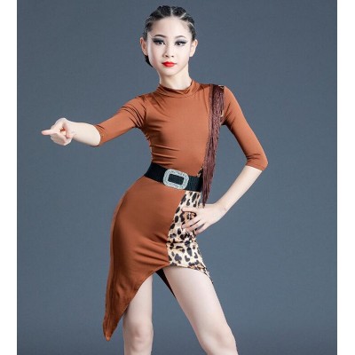 Girls kids brown with leopard fringed latin dance dresses stage performance latin dance