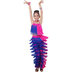 Girls kids children blue with pink tassels competiiton latin dance dresses tops and pants