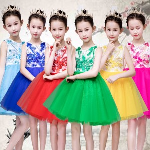 Girls kids children modern dance dress jazz dress costumes show party princess sequin chorus flower girls dress