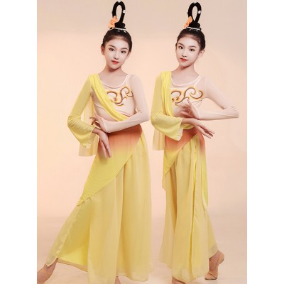 Girls kids children yellow chinese folk dance costumes ancient traditional classical fairy umbrell dance hanfu princess dress for children