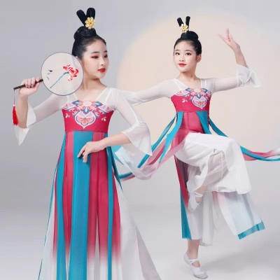 Girls Kids Chinese Folk Dance Costumes Ancient Traditional Yangge Umbrella Fan Dance Hanfu for Children