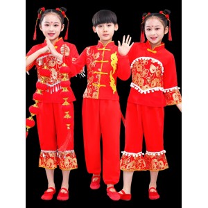 Girls kids chinese folk dance costumes new year celebration lion dragon dance yangko lantern waist drum fan umbrella dance wear for boy girls 