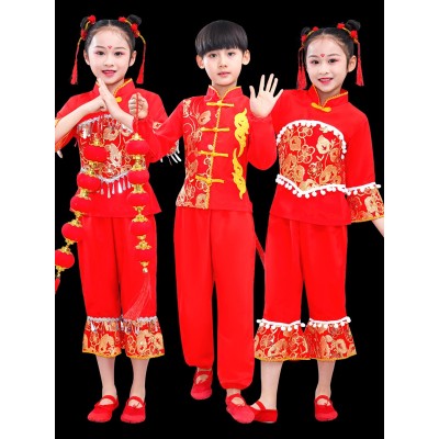 Girls kids chinese folk dance costumes new year celebration lion dragon dance yangko lantern waist drum fan umbrella dance wear for boy girls 