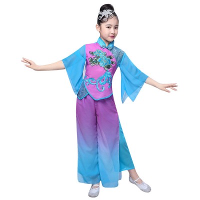 Girls kids chinese folk dance costumes umbrella fan dance dress blue with purple hanfu fairy ancient traditional drama cosplay dresses