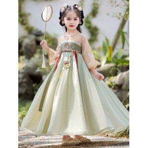 Girls kids chinese folk dance dresses green hanfu fairy princess classical dance stage performance costumes for child party cosplay photos shooting kimono