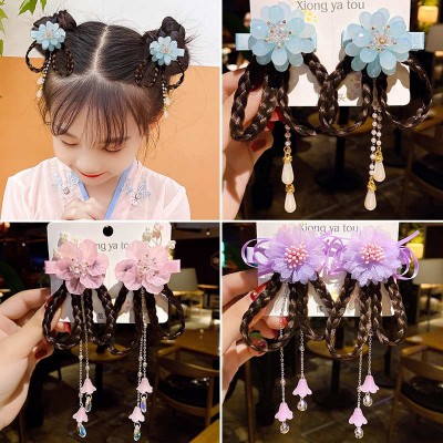 Girls kids chinese hanfu fairy dress headdress Antique Wig Braid Head Flower for children Hanfu headwear girl princess costume fringed hairpin