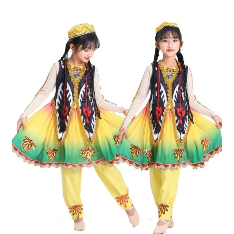 Girls kids Chinese  Xinjiang dance dresses children yellow color oriental ethnic minorities Uyghur performance costumes for children