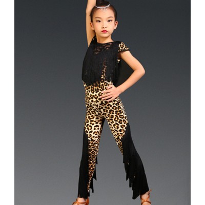 Girls kids competition stage performance leopard tassels latin dance costumes kids children stage performance tops and pants