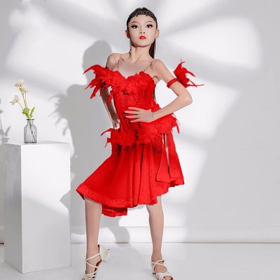 Girls kids feather red black competition latin dance dresses for children Christmas party salsa rumba chacha ballroom tango latin dancing costumes for Girls