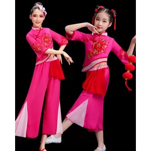 Girls kids fuchsia chinese classical dance costumes children fan umbrella dance Yangge dance performance dresses for adult girls