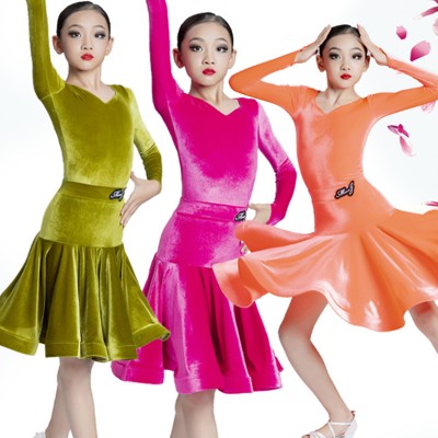 Girls kids fuchsia green orange velvet latin dance dress ballroom salsa modern dance skirts for children