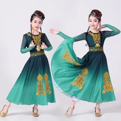 Girls kids green blue chinese folk Xinjiang dance dresses kids ethnic minority Uygur stage performance big skirts costumes for children
