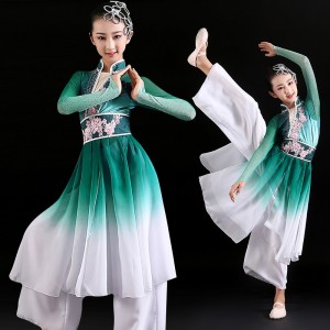 Girls kids green Chinese ancient folk classical  dance costumes fairy princess dance hanfu flowing fan umbrella flowing dance dresses for children