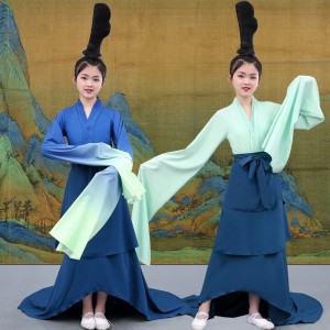Girls kids green mint navy blue chinese hanfu fairy dresses water sleeves han tang ming princess queen classical folk dance long trailing dresses for girls children