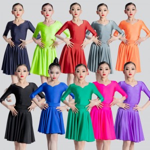 Girls kids green purple white red wine colored latin ballroom dancing dresses silver pink black  salsa rumba cha cha performance outfits for children