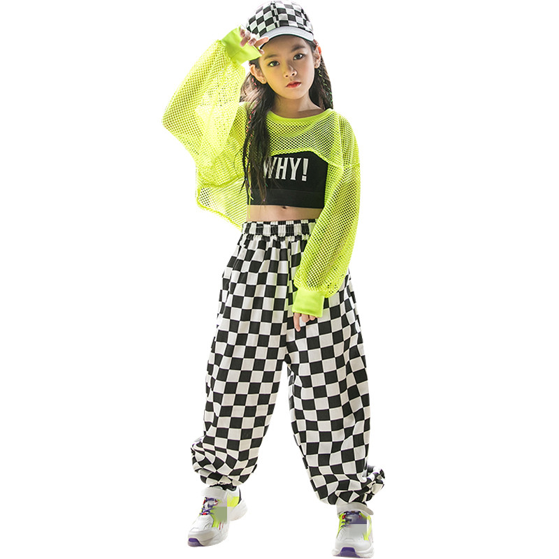 girls Kids green with white plaid singers rapper hip hop street jazz dance costumes Girls gogo dancers Performance Costumes model show outfits for girl