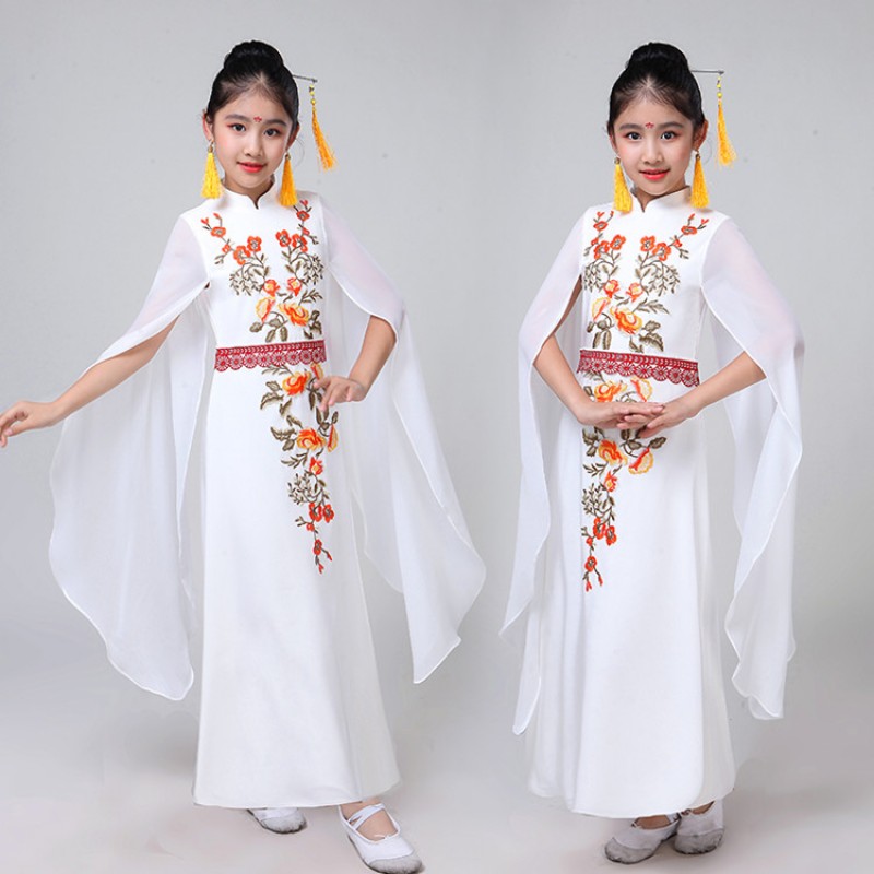 Girls kids hanfu chinese folk dance costumes white colored zheng ancient traditional classical dance fairy princess drama cosplay dress
