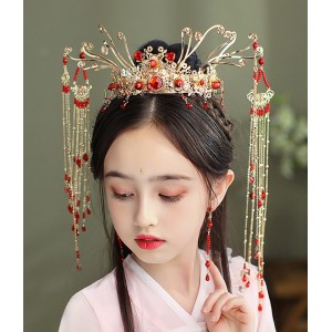 Girls kids hanfu fairy dress Headdress Children Antiquity Tassel Hair Crown for girl empress princess photos shooting Cheongsam Hair Accessories