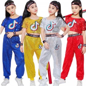 Girls kids jazz dance costumes royal blue gold silver sequin school competition street hiphop gogo dancers stage performance outfits