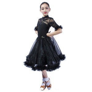Girls kids lace ballroom dancing dresses stage performance kids children waltz tango dancing dress skirts costumes
