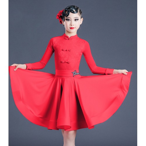 Girls kids lace red pink latin dance dresses modern dance ballroom dance skirts latin dance outfits for children