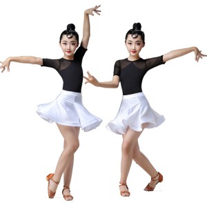 Girls kids latin dance dresses black with white children practice stage performance rumba salsa chacha dance skirts dress