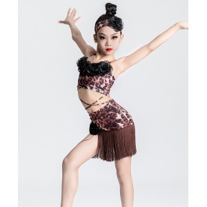 Girls kids leopard fringe Latin dance dresses for children Girls salsa rumba chacha latin ballroom performance costumes for girls