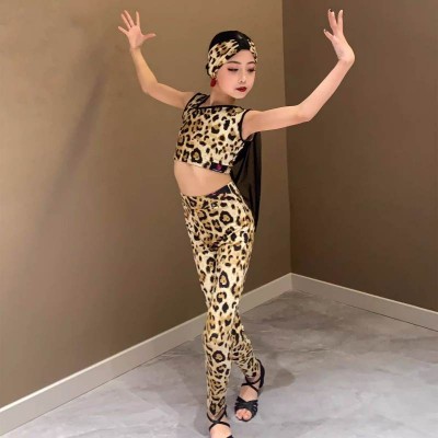 Girls kids leopard latin ballroom dance costumes for children salsa rumba chacha dance fringe tops stage performance wear with headband for Girls