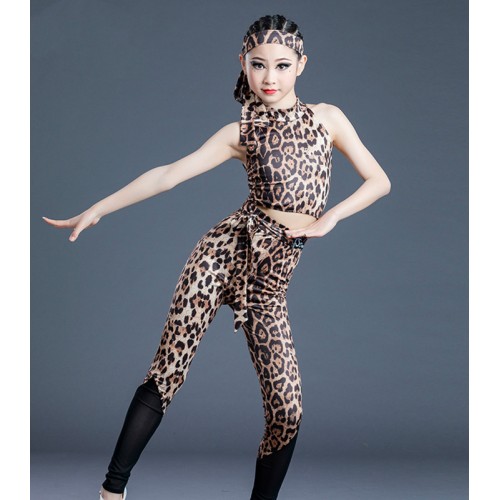 Girls kids leopard printed latin dance costumes stage performance modern dance latin outfits latin tops and pants