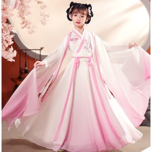 Girls kids Light Pink Fairy Hanfu Guzheng Stage Model Show Catwalk Performance Chinese Princess Dresses Film Drama Cosplay Kimono Dresses