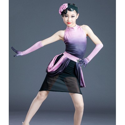 Girls kids light pink gradient black latin dance dresses professional competition latin dance costumes leotard top and skirts for children