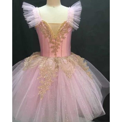 Girls kids light pink modern dance ballet dress stag performance tutu skirt pancake swan lake performing ballet dress