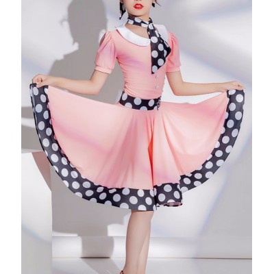 Girls kids light pink polka dot ballroom latin dance dresses for children ballroom salsa rumba flamenco dance costumes for girls