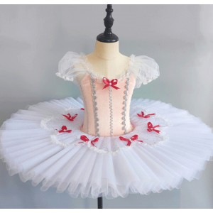 Girls kids light pink velvet with white ballet dance dress tutu skirt ballerina classical flat sleeping beauty performance costumes for children