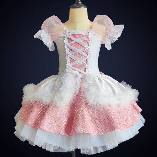 Girls kids light pink white feather ballet dance dress tutu skirt modern dance ballerina professional princess stage performance costumes for children