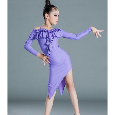 Girls kids light purple side slit latin dance dress ruffles front irregular skirts long sleeves latin performance costumes for children