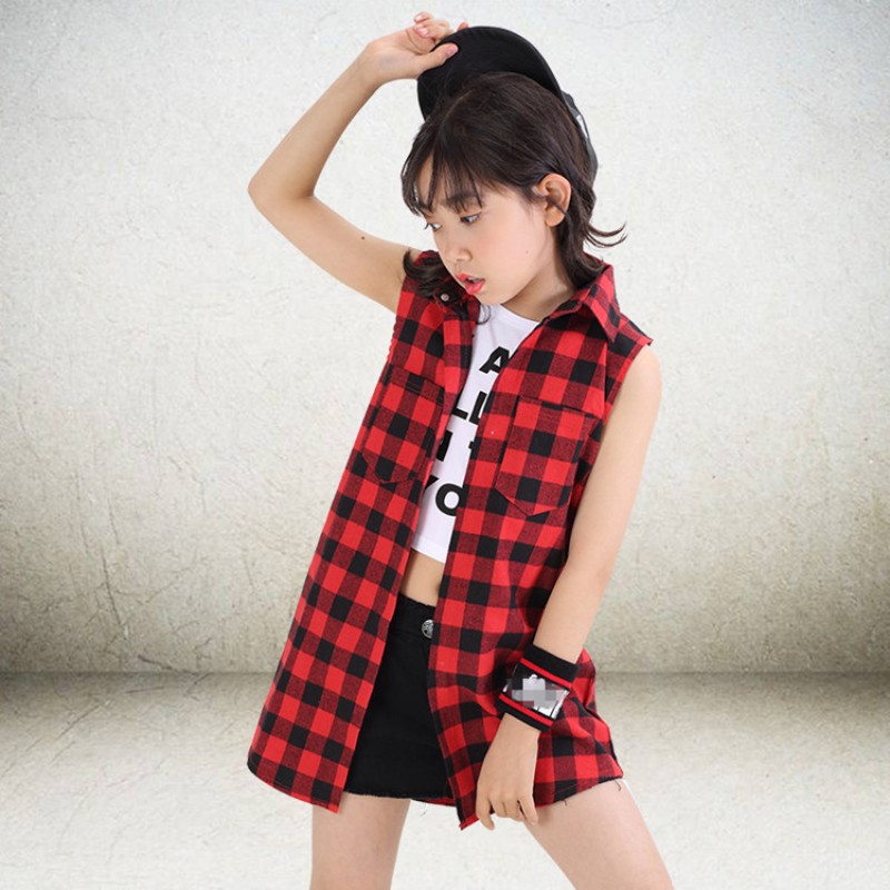 Girls kids modern street hiphop dance shirts red plaid tops children stage performance costumes