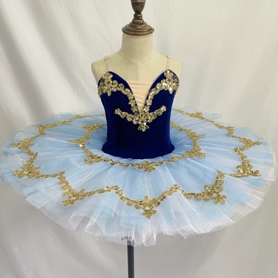 Girls kids navy blue velvet ballet dance dresses tutu skirts ballerina professional classical dance flat tutu ballet dance costumes