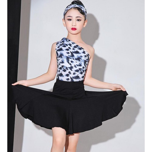 Girls kids one shoulder silver leopard printed competition latin dance dresses moern dance rumba salsa chacha dance dress latin performance costumes for girls