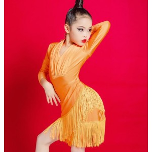 Girls kids orange black red fringed latin dance dresses long sleeves salsa rumba chacha dance skirts performance dresses for kids 