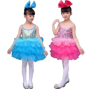 Girls kids pink blue sequin jazz dance costumes kindergarten ballet sequin tutu pancake skirt dance dress party stage princess dresses 