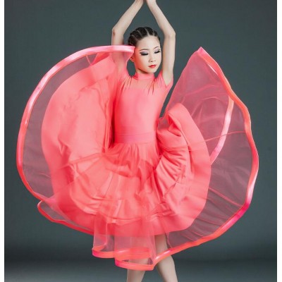 Girls kids pink coral color ballroom dance dresses long length ballroom dance skirts foxtort tango stage performance ballroom dance costumes