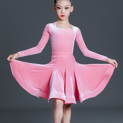 Girls kids pink fuchsia black velvet latin ballroom dance dress modern dance costumes for children