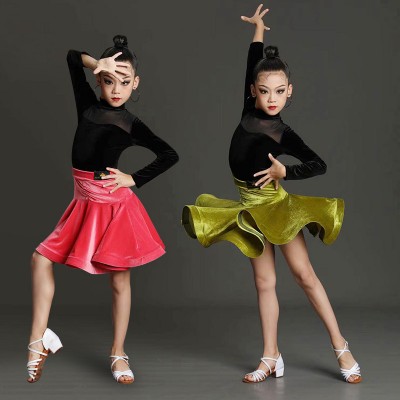 Girls kids pink green velvet latin ballroom Dance Dresses Salsa Cha Cha Performance Costumes for Children