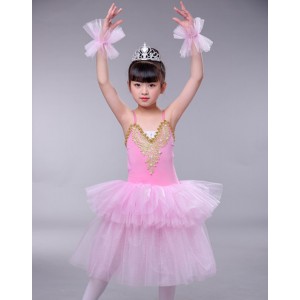 Girls kids pink modern dance ballet dress long length tutu skirt stage performance ballet costumes tutu skirt dresses