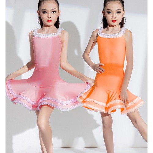 Girls kids pink orange ruffles latin ballroom dance dresses latin salsa rumba stage performance modern dance outfits for children