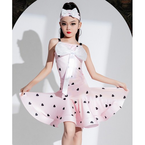 Girls kids pink with heart pattern latin dance dresses with bow knot latin ballroom salsa stage performance costumes for children