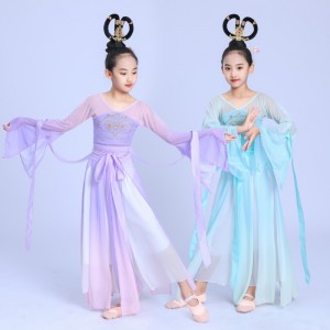 Girls kids purple blue chinese folk dance dress ancient traditional classical dance fairy hanfu umbrella fan waterfall sleeves dance costumes for children